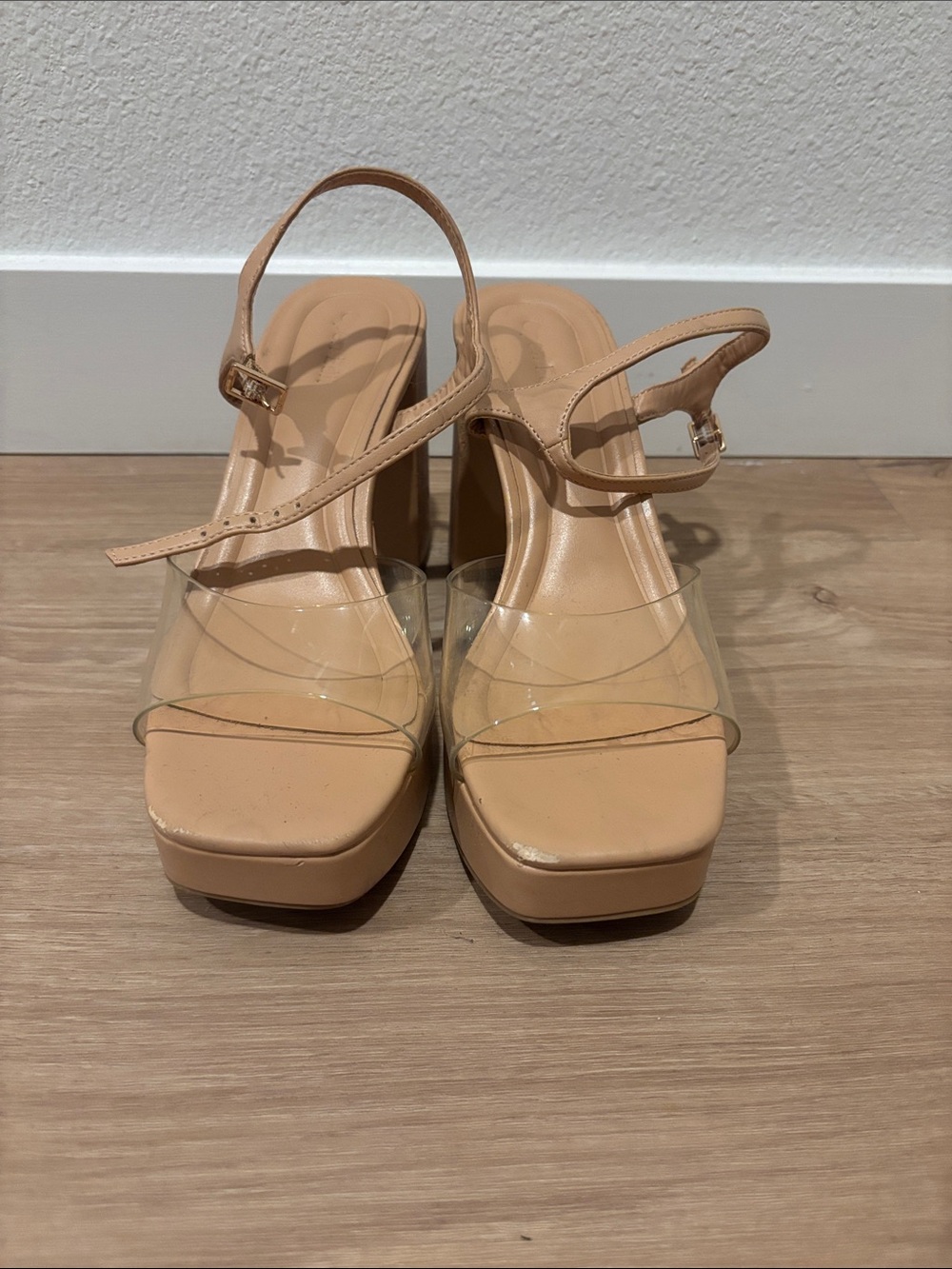 Beige Clear-Strap Platform Heels - Women's